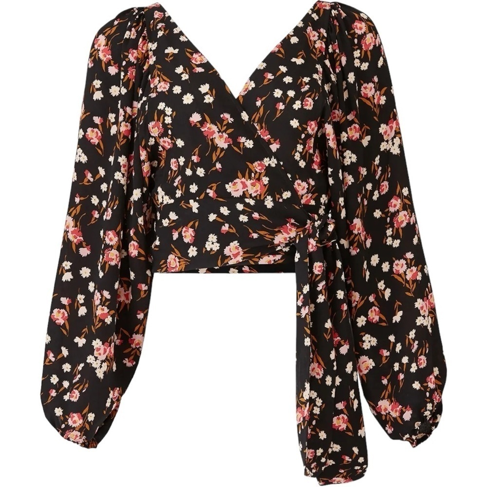 A.L.C. Carla Floral 100% Silk Wrap Crop Top Blouse Balloon Sleeves Black Small 6 - Picture 14 of 14